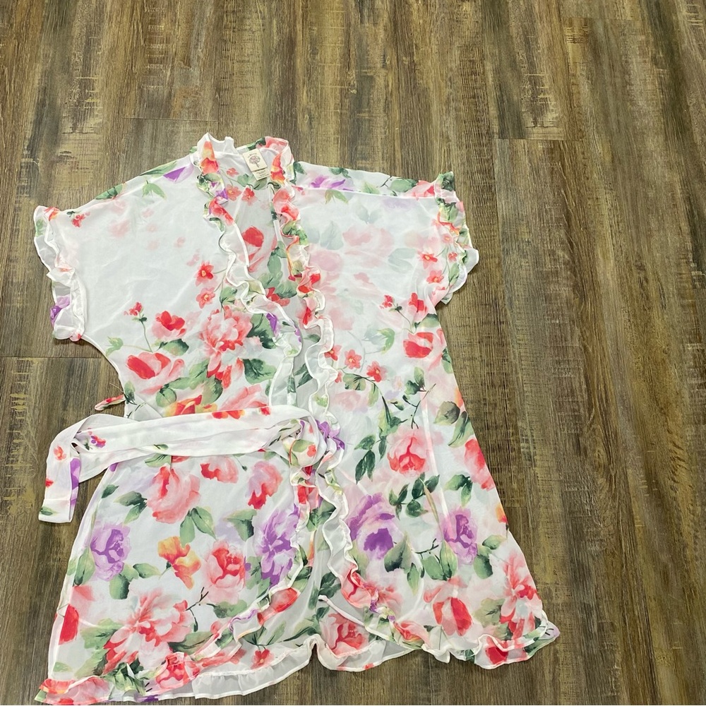 In Bloom Pink and White Floral Robe with‎ Ruffles Belted Open Feminine Girly